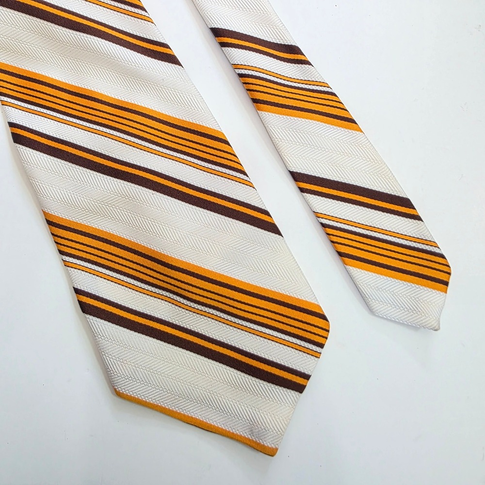 Vintage Mr John Beau Brummell Mens Tie Orange Brown White Striped Herringbone